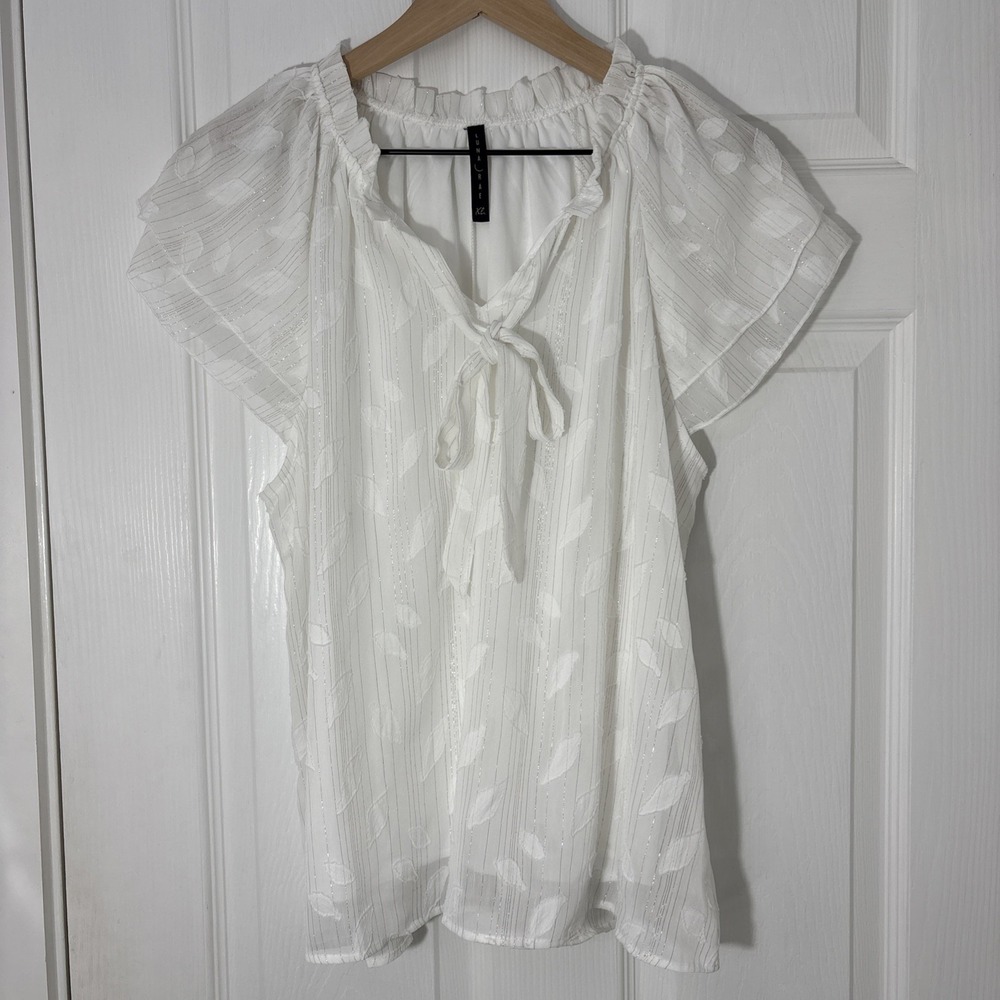 Luna Rae White Blouse Ruffled Neckline Tie Neck Short Cap Sleeves Top XL Lined